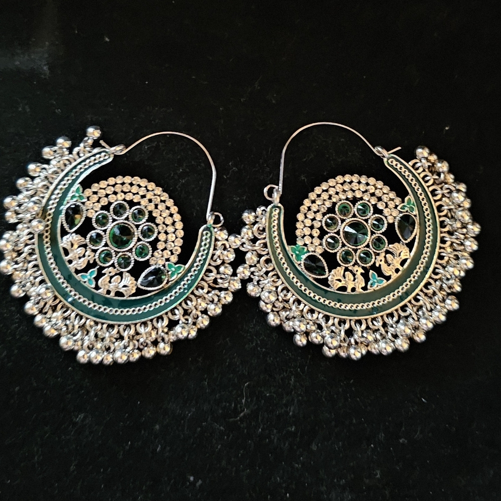Elegant Green and Silver Hoop Earrings